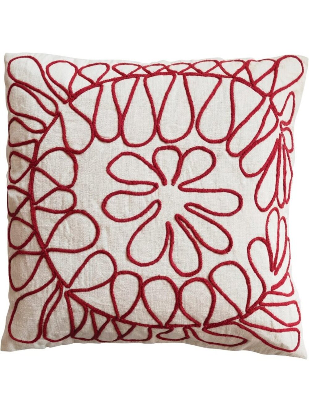 Embroidered Square Cotton Slub Pillow - Cream & Red Decorative Cushion